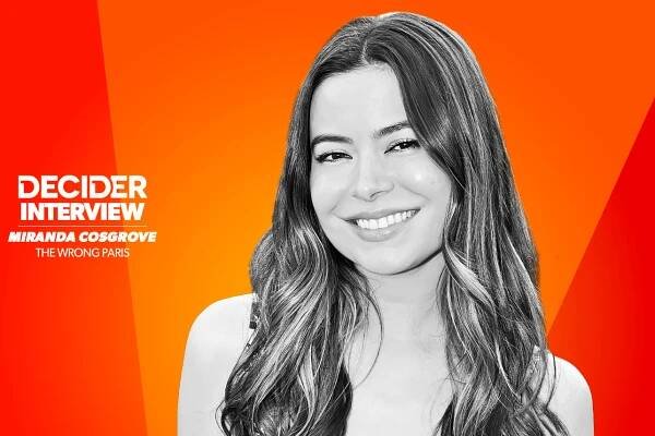 Miranda Cosgrove in black and white on an orange background