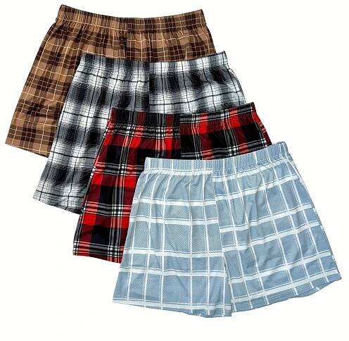Set of 4 *'S Plaid Print Boxer Shorts, Elastic, Breathable, Loose-Fitting, Comfortable, * in Multiple Colors.