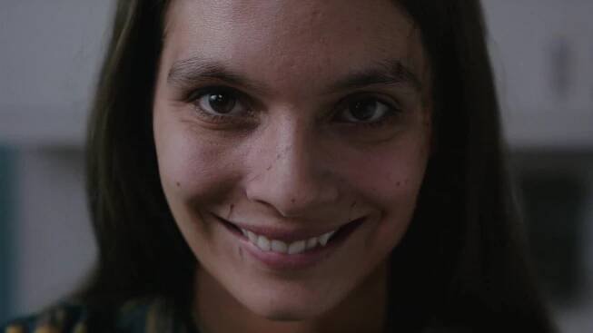 A close up shot of a woman creepily smiling in Paramount's Smile film
