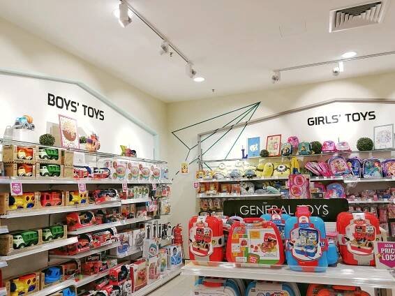 A photo of different toys in a shop arranged in shelves under the headings 