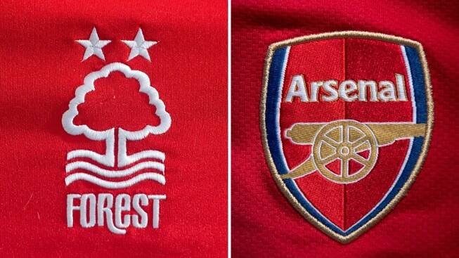 Split image of the Nottingham Forest badge and the Arsenal badge