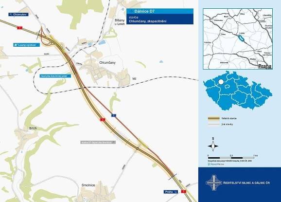 Mapa ukazuje trasu dálnice D7 u Chlumčan.