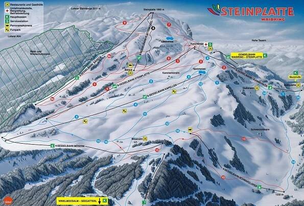 Waidring - Steinplatte - lyžařská mapa, skimapa sjezdovek a lanovek, zimní panorama ski areálu