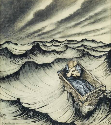 Danaë and the Infant Perseus, an original illustration in watercolor, ink, and wash on board by Arthur Rackham for the 1922 Hodder & Stoughton edition of Nathaniel Hawthorne's A Wonder Book for Girls and Boys.