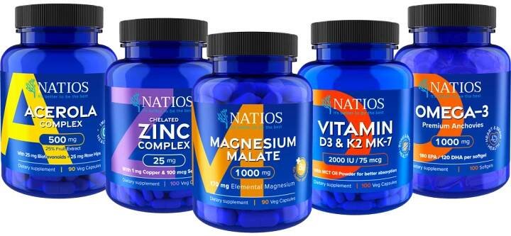 NATIOS Advanced Health balíček 5 produktů - Hořčík, Vitamín D3 + K2, Vitamin C, Omega 3 a Zinek