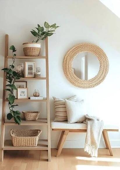 a wooden shelf with baskets and plants on it