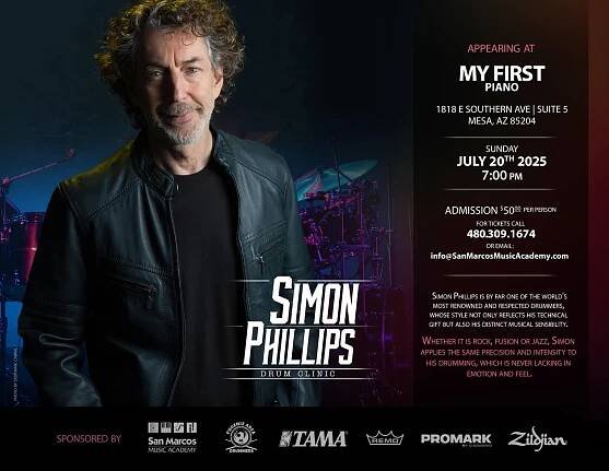 Poster for Simon Phillips Drum Clinic at My First Piano, Mesa, AZ