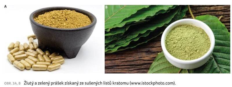 OBR. 3A, B Žlutý a zelený prášek získaný ze sušených listů kratomu (www.istockphoto.com).