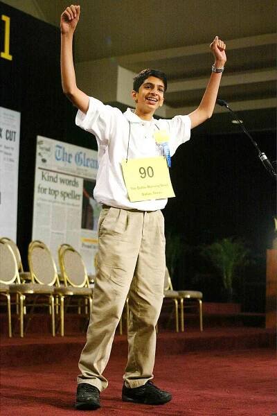 Sai Gunturi celebrates his win in the 76th Scripps Howard National Spelling Bee May 29, 2003 in Washington, DC. Gunturi won the competition by correctly spelling "pococurante," meaning nonchalant or indifferent