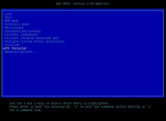How to install ParrotOS 4.10: boot menu