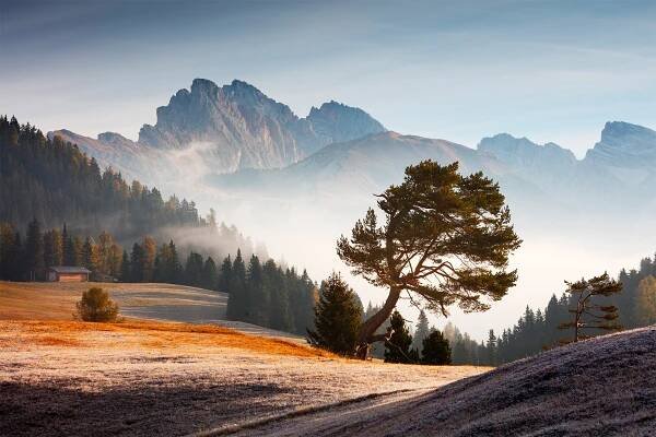Tapety : Příroda, krajina, stromy, Martin Rak, dolomity, Itálie, ráno, mlha, mraky, hory, údolí, les 1920x1280 - Inrro