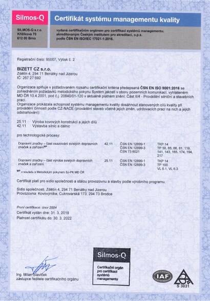 Certifikace společnosti - BIZETT CZ s.r.o.