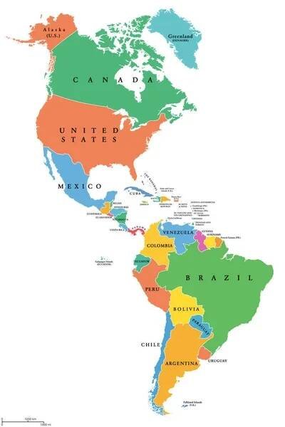 Amerika, jednotlivé státy, politická mapa s národními hranicemi. Karibik, Severní, Střední a Jižní Amerika. Různé barevné země s anglickými názvy zemí. Ilustrace nad bílou. Vektor. — Ilustrace