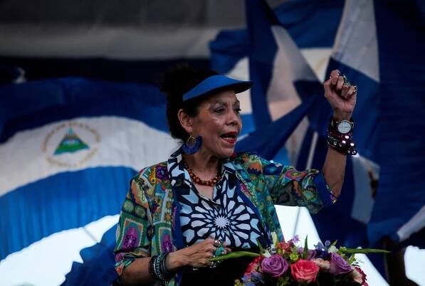 Nicaraguan Vice-President Rosario Murillo sings revolutionary songs during a march called "We walk for peace and life. Justice" in Managua, Nicaragua