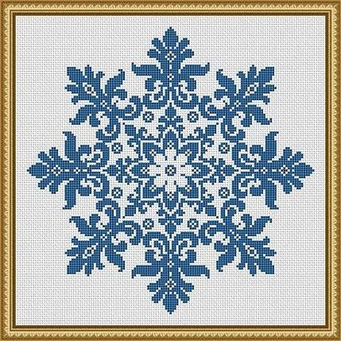 a cross stitched snowflake pattern on a white background with blue trimmings