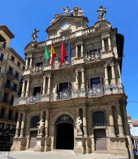 city hall in Pamplona.  You walk by this imposing buiding as you leave the old town on the camino de santiago