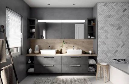 elegantní šedá koupelna s dvojumyvadlem a šedými stěnami