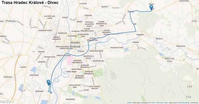 Hradec Králové-Divec, mapa trasy