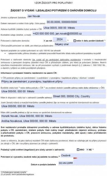 Ukázka vyplněného PDF formuláře Žádost o vydání potvrzení o daňovém domicilu