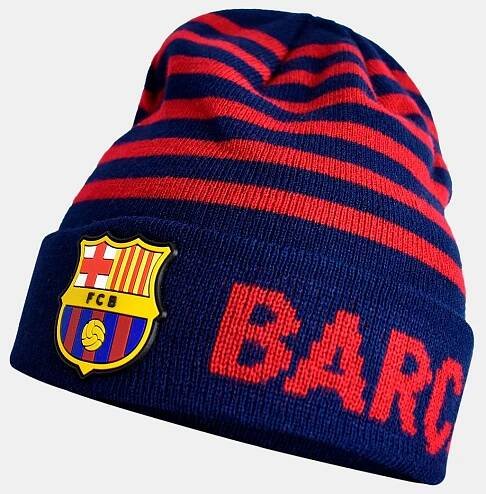 Navy blue and red striped beanie with the FC Barcelona crest and 'BARÇA' text on the cuff.