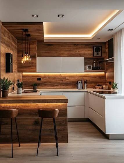 a modern kitchen with wood paneling and white cabinetry is lit by pendant lights