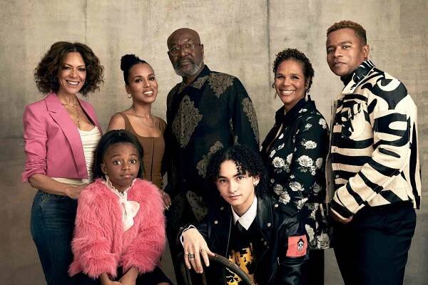 Tracy McMillan, Jordyn McIntosh, Kerry Washington, Delroy Lindo, Faly Rakotohavana, Yvette Lee Bowser, and Marque Richardson of Onyx Collective's 'Unprisoned' pose for a portrait during the 2023 Winter Television Critics Association Press Tour at The Langham Huntington, Pasadena on January 14, 2023 in Pasadena, California.