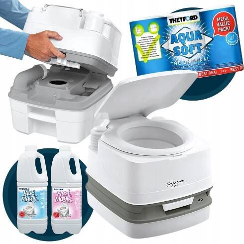 MOBILNÍ KEMPINGOVÁ TOALETA THETFORD + TOALETNÍ TEKUTINY + PAPÍR NA WC, 6 ROLÍ Váha 3.3 kg