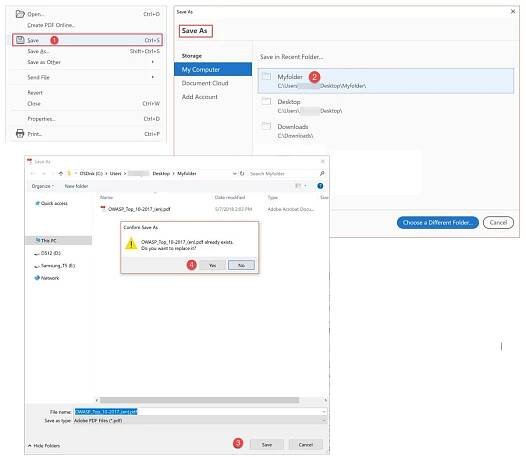 Screenshot: Adobe Acrobat Reader DC's annoying behavior when using  the Save function to save files