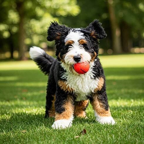 Bernedoodle playing with red ball