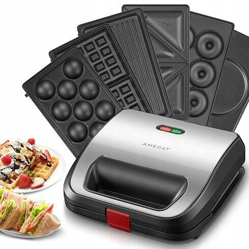 AMEGAT 6v1 Sandwich Wafle Grill Panini Dorty Antipřilnavé 750W