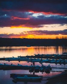 Bezplatný obrázek: krásné foto, soumrak, východ slunce, řeka, Řeky Dunaje, přístav, lodě, tmavě červená, marina, reflexe