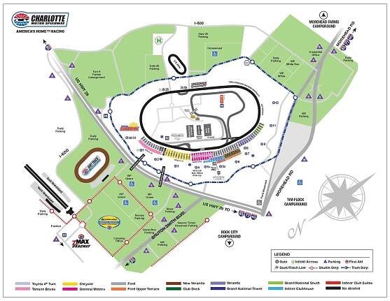 Charlotte Motor Speedway Layout Map to check seats, nearby roads, gates, entry, exits, important facilities, section, transportation, etc.
