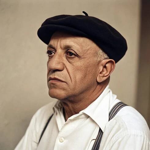 Pablo Picasso in a contemplative side profile, wearing a navy beret, white shirt, and suspenders, captured in a color photograph during his later years.