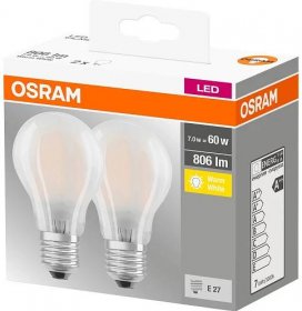 Osram LED žárovka Base Classic A60, E27, 6,5 W, 806 lm, 2700 K, opálová, 2 ks