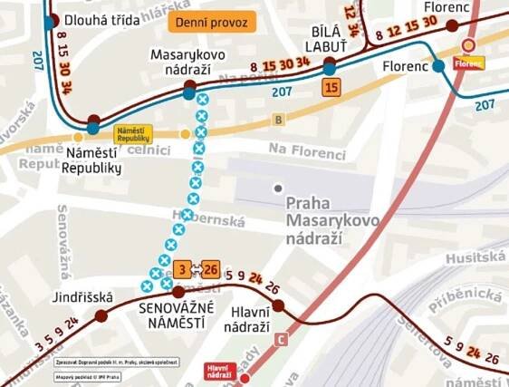 Detailní zobrazení omezení dopravy v centru Prahy.