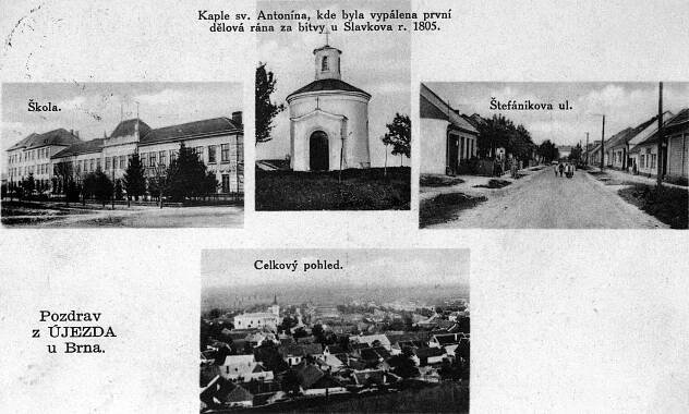 Újezd u Brna, škola, kaple sv. Antonína, Štefánikova ulice a celkový pohled od severu; před rokem 1935 (sbírka Pavla Fiedlera).