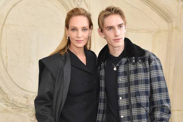 Uma Thurman and son Levon Thurman-Hawke at the Dior couture fashion show in Paris