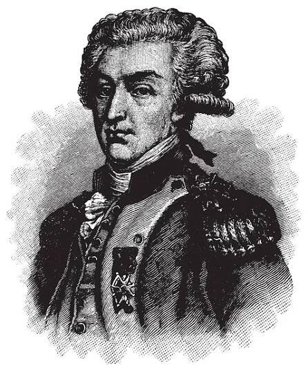 Lafayette v roce 1777, 1757-1834, byl francouzský aristokrat a generála, který bojoval v americké revoluční války, vintage kreslení čar nebo gravírování obrázku — Ilustrace