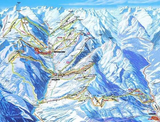 Saalbach - Hinterglemm - Leogang - lyžařská mapa, skimapa sjezdovek a lanovek, zimní panorama ski areálu