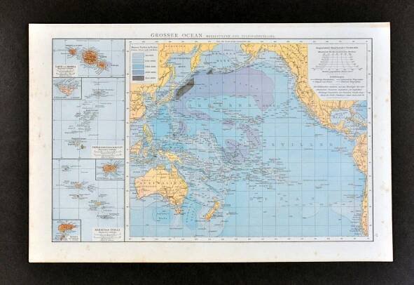 1881 Andrees Mapa Tichý oceán Oceánie Austrálie Havaj Tonga Japonsko Asie Amerika