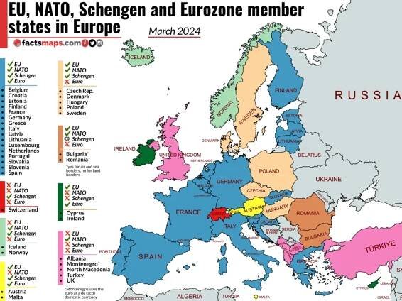 EU, NATO, Schengen and Eurozone member states in Europe – March 2024