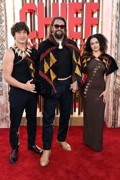 Nakoa-Wolf Momoa, Jason Momoa and Lola Iolani Momoa seen at the world premiere of the Apple TV+ series “Chief of War” at the Ko Olina Beach Park.