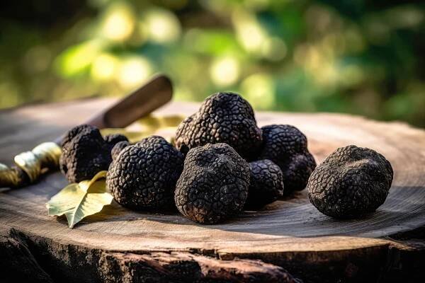 Black Truffles On Wooden Board, Rustic