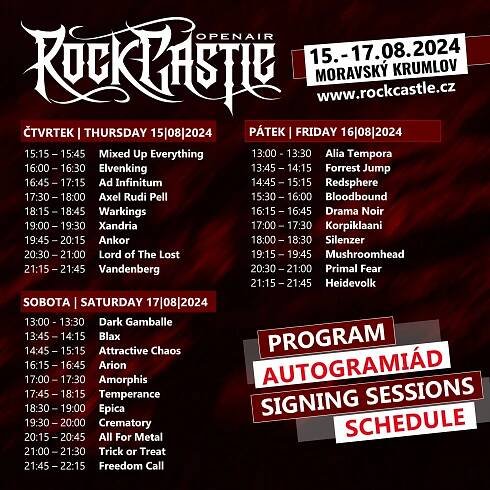 Festival ROCK CASTLE 2024 zveřejňuje program autogramiád účinkujících kapel! | Rock Castle