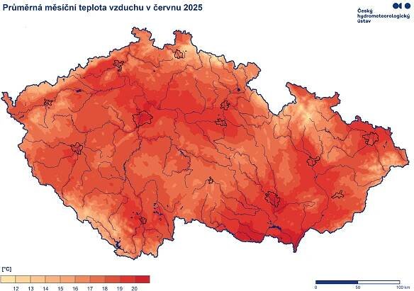 Průměrná teplota vzduchu v červnu (Kliknutím se obrázek zvětší) /