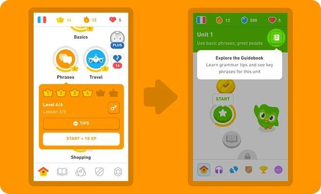 Before and after of Duolingo homescreen. On the left is an example of a guidebook icon being shown before you start a lesson, on the right it shows that the Guidebook will instead appear at the top right corner of each unit