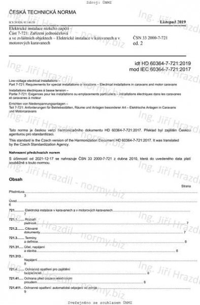 ČSN 33 2000-7-721 ed. 2 (332000) - Elektrické instalace nízkého napětí - Část 7-721: Zařízení jednoúčelová a ve zvláštních