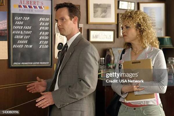 Mr. Monk Meets the Godfather" Episode 2 -- Pictured: Jason Gray-Stanford as Lt. Randall Disher, Bitty Schram as Sharona Fleming --