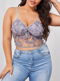 Plus Size Butterfly Embroidered Mesh Lingerie Bra