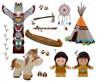 Indické symboly sada, kreslené postavičky amerických indiánů Stock Vektor od ©alefbet 113651918